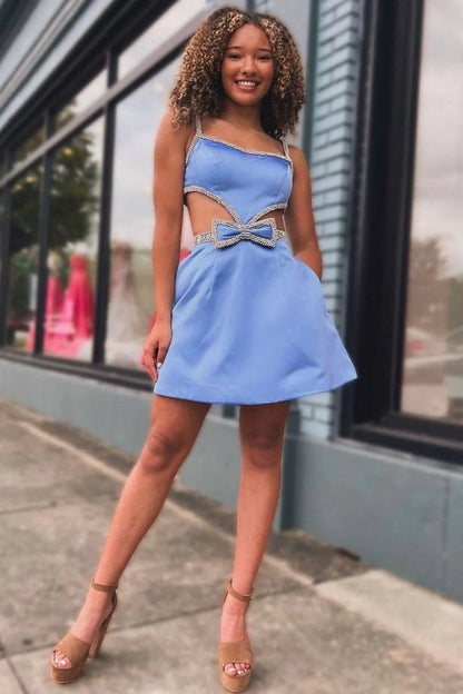 Spaghetti Straps Cutout Homecoming Dresses with Bow