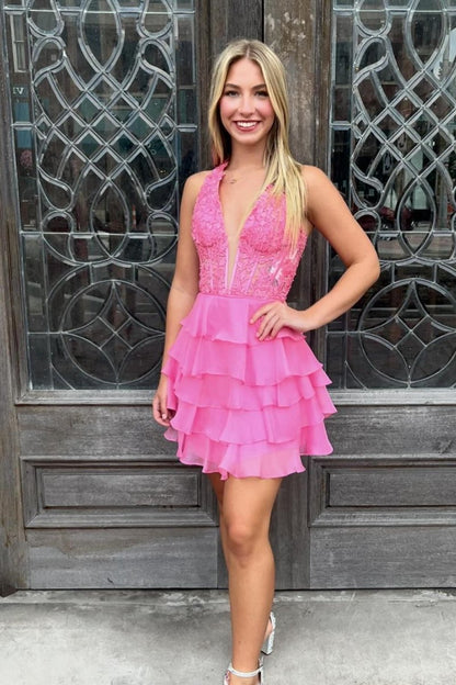 Halter Lace and Chiffon Ruffle Homecoming Dresses
