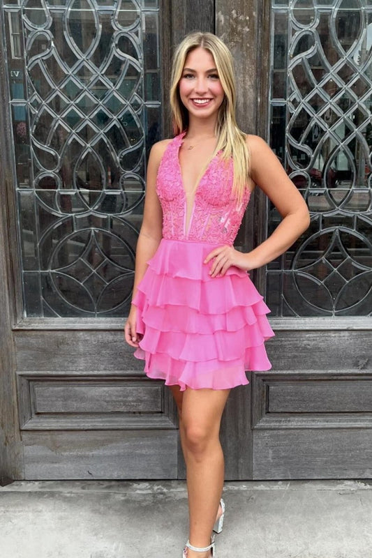 Halter Lace and Chiffon Ruffle Homecoming Dresses