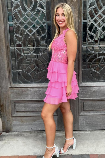 Halter Lace and Chiffon Ruffle Homecoming Dresses