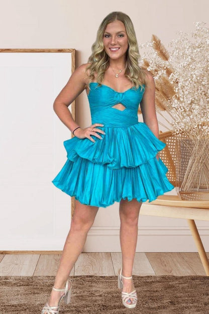 Pleated A-line Short Dresses with Keyhole