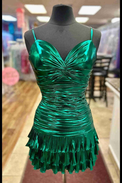 Sparkly Metallic Straps Knotted Short Homecoming Dresses with Ruffles