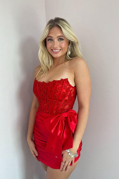 Strapless Appliques Ruched Homecoming Dresses with Bow