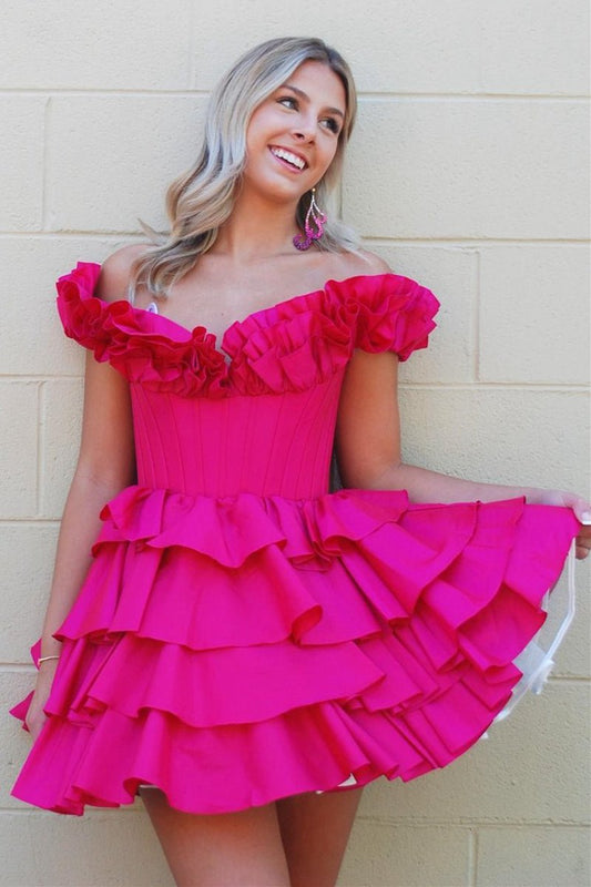 A-line Off-the-Shoulder Corset Ruffle Tie Homecoming Dresses