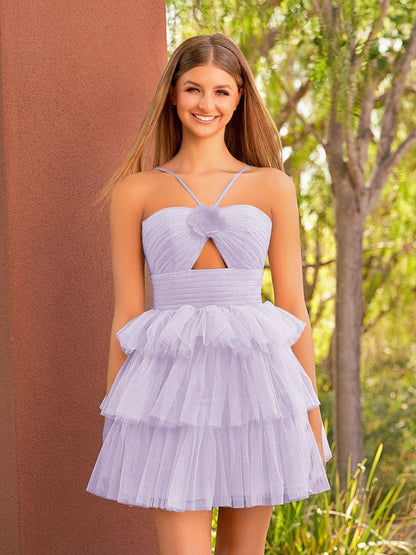 A-line Tulle Keyhole Halter Short Homecoming Dresses with Ruffles