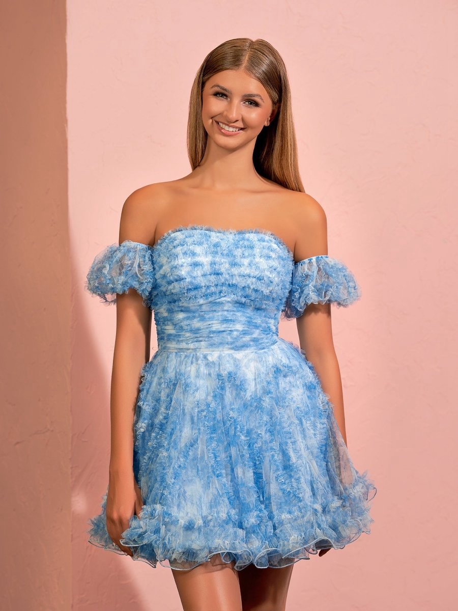 A-line Printed Tulle Ruffles Homecoming Dresses with Puff Sleeves