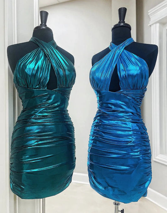Metallic Halter Tight Satin Homecoming Dresses