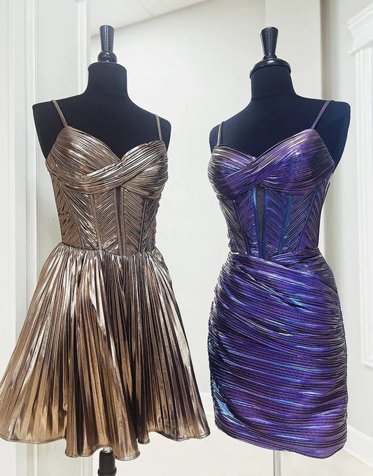Metallic Gold A-line Satin Spaghetti Straps Homecoming Dresses