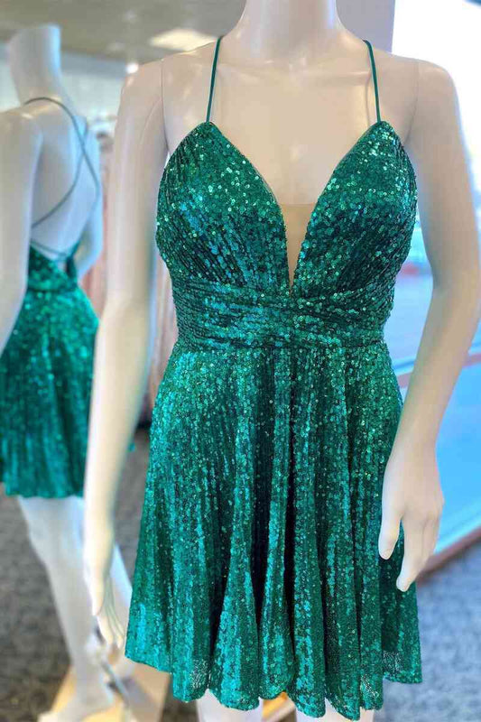 A-line Tie Back Sequins Short Homecoming Dresses