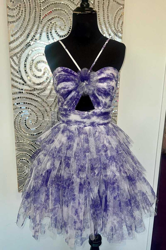 Straps Floral Print Keyhole Ruffle Homecoming Dresses