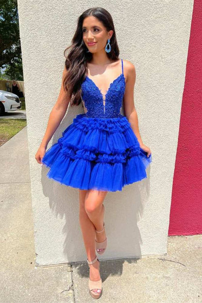 Plunging Neck Applique A-line Ruffle Homecoming Dresses