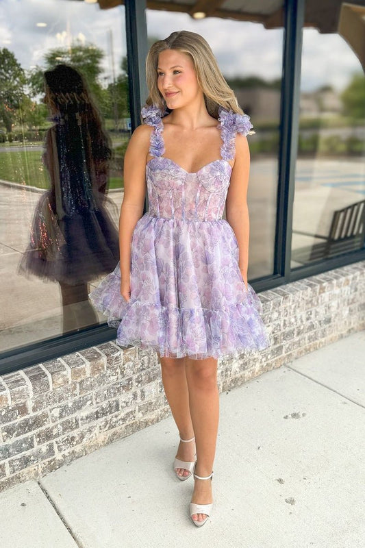 Cute A-line Sweetheart Floral Printed Short Homecoming Dresses