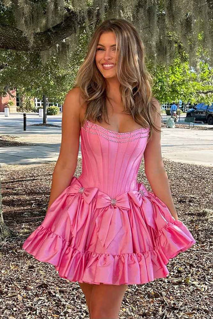 Strapless Beaded Short Homecoming Dresses with Bow