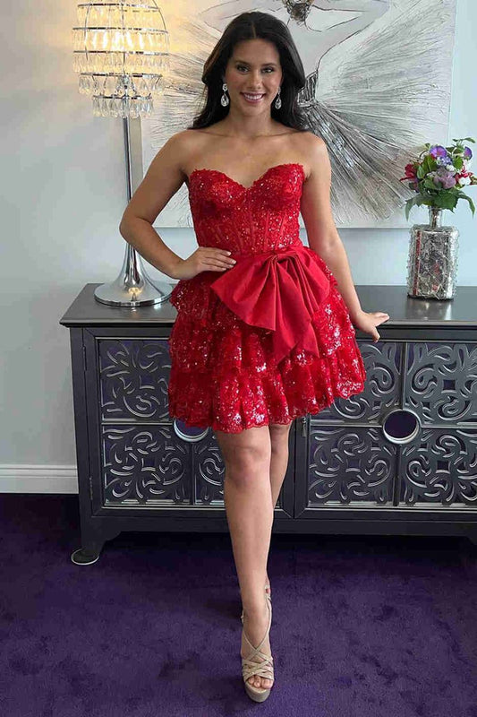 Corset Sequin Appliques Short Party Dresses with Bow