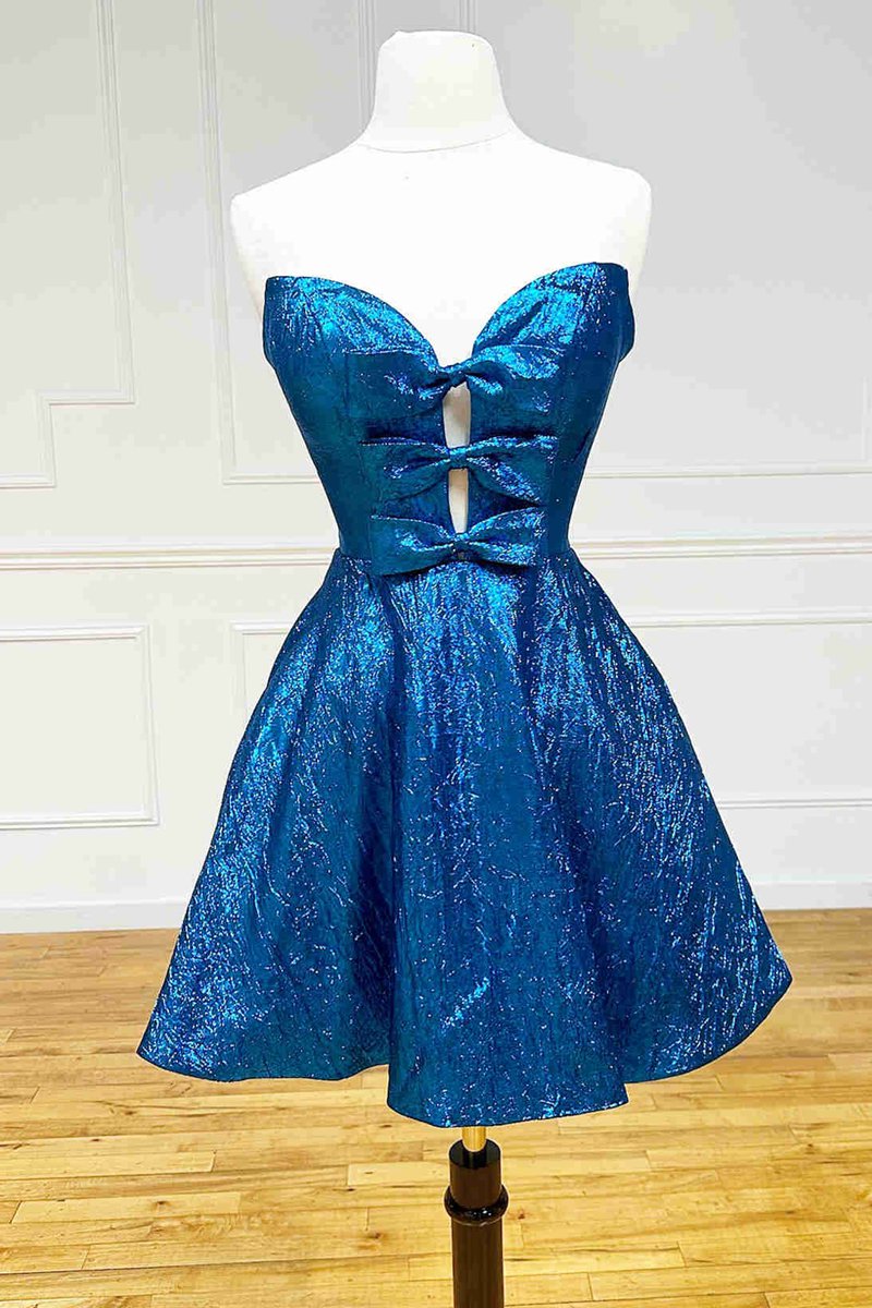 Glitter Strapless Peacock Short Homecoming Dresses with Bow