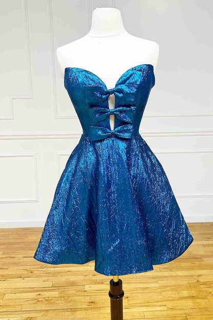 Glitter Strapless Peacock Short Homecoming Dresses with Bow
