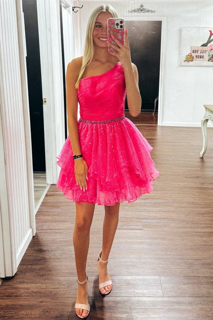 One-Shoulder Beaded Ruffle Homecoming Dresses in Blue