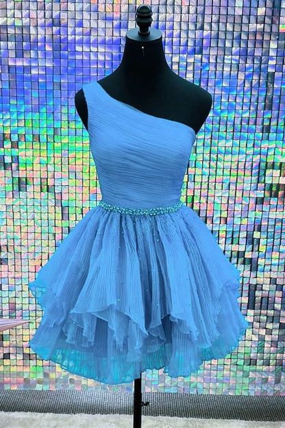 One-Shoulder Beaded Ruffle Homecoming Dresses in Blue