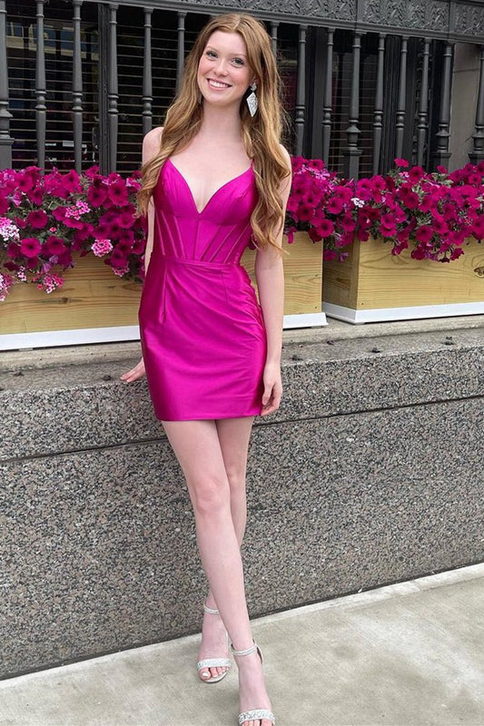 Bodycon V-Neck Corset Satin Homecoming Dresses