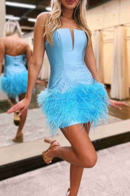 Strapless Fitted Short Homecoming Dresses with Feathers
