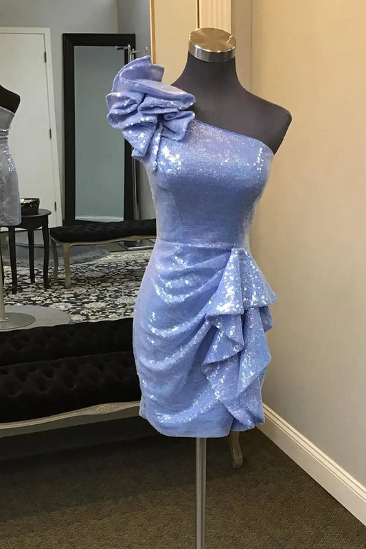 Sparkly One Shoulder Sequins Bodycon Short Homecoming Dresses with Ruffles
