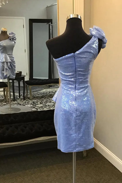 Sparkly One Shoulder Sequins Bodycon Short Homecoming Dresses with Ruffles