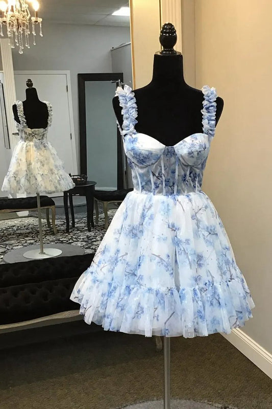 Floral Printed Spaghetti Straps A-line Short Corset Homecoming Dresses