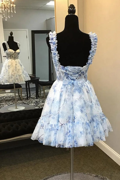 Floral Printed Spaghetti Straps A-line Short Corset Homecoming Dresses
