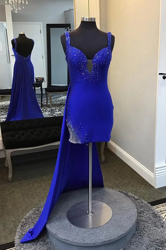 Spaghetti Straps Beaded Bodycon Homecoming Dresses with Open Back