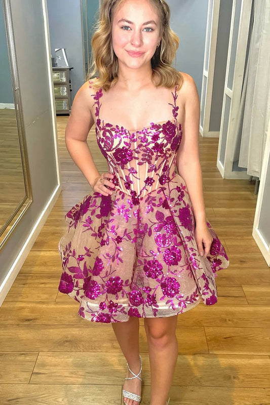 Sparkly Spaghetti Straps A-line Sequins Short Corset Homecoming Dresses