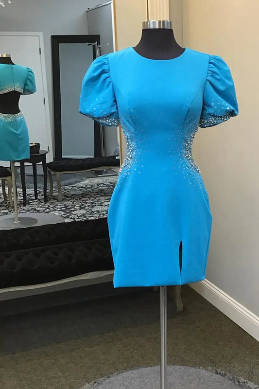 Round Neck Beaded Bodycon Short Homecoming Dresses with Puff Sleeves