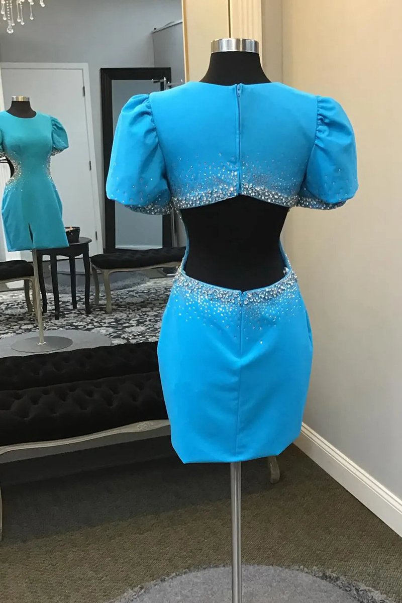 Round Neck Beaded Bodycon Short Homecoming Dresses with Puff Sleeves