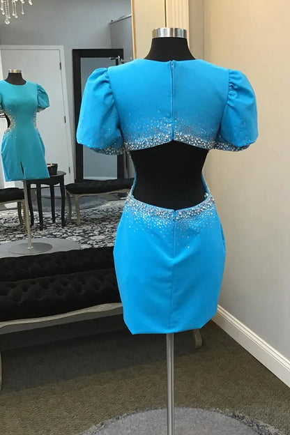 Round Neck Beaded Bodycon Short Homecoming Dresses with Puff Sleeves