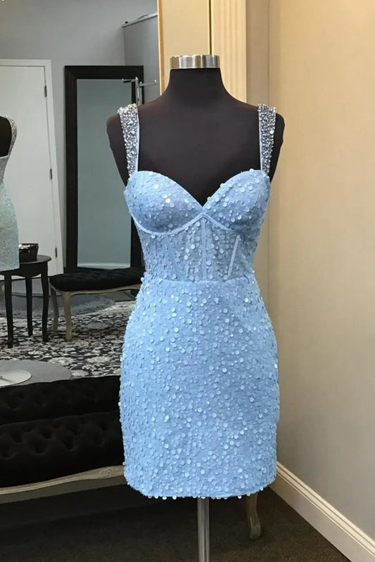 Sparkly Spaghetti Straps Sequins Bodycon Short Corset Homecoming Dresses