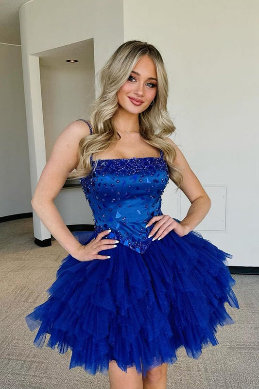 Pretty A-line Straps Tulle Short Homecoming Dresses with Beading