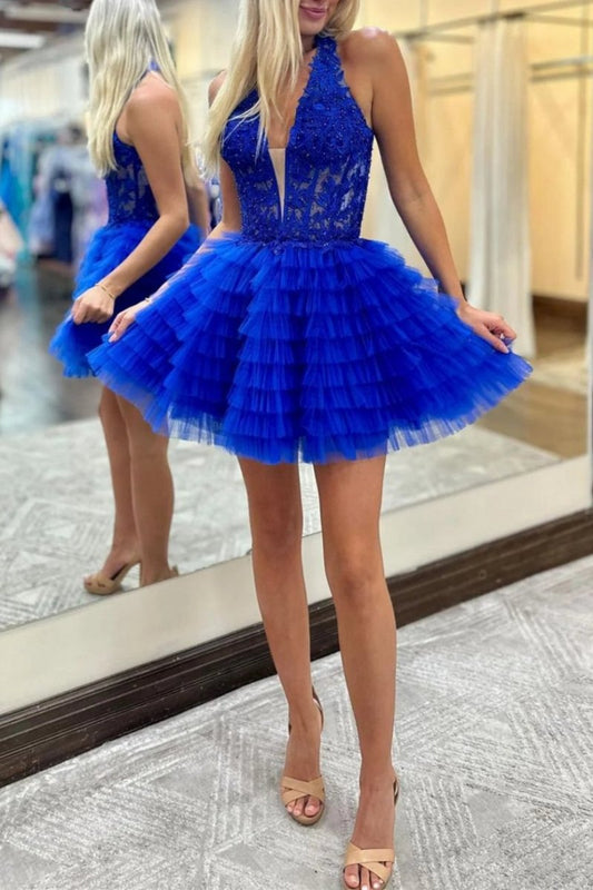 Halter Ruffle Tie Short Homecoming Dresses Appliques
