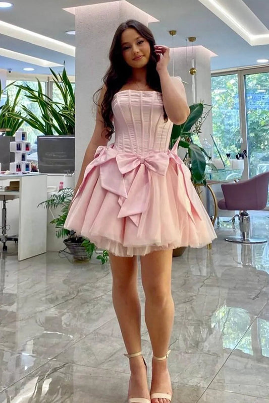 Strapless Tulle A-line Short Corset Homecoming Dresses with Bow
