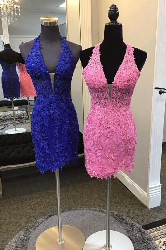 Fitted Halter Appliques Short Homecoming Dresses
