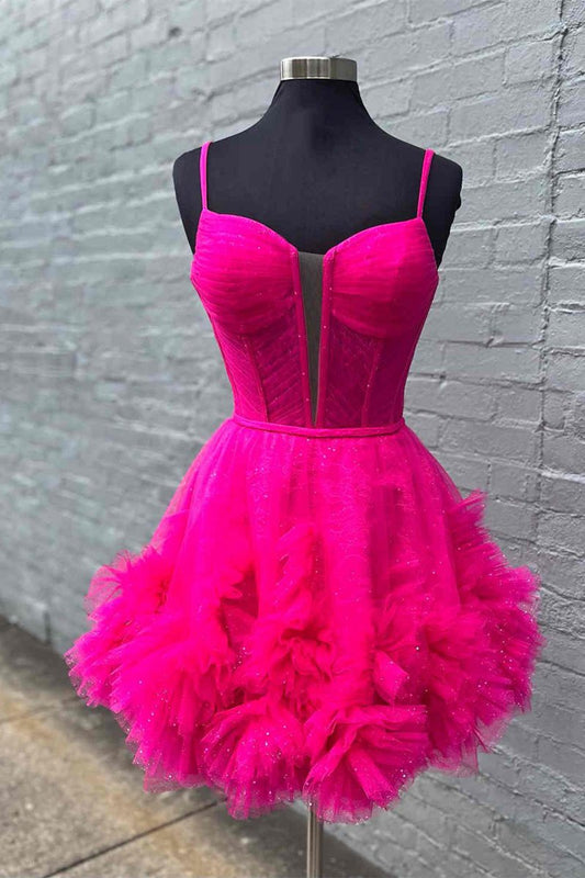 Glitter Straps Ruffle A-line Homecoming Dresses