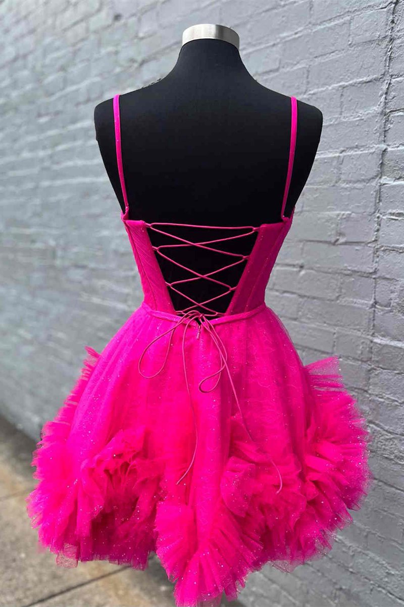 Glitter Straps Ruffle A-line Homecoming Dresses