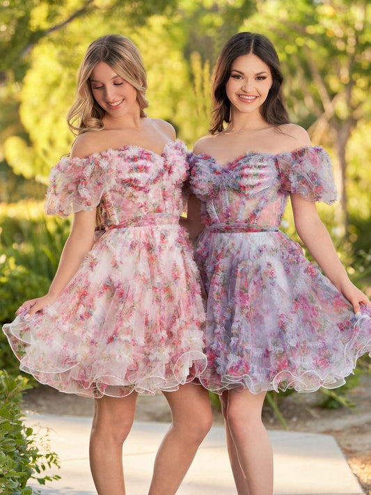 A-line Off the Shoulder Printed Tulle Short Homecoming Dresses