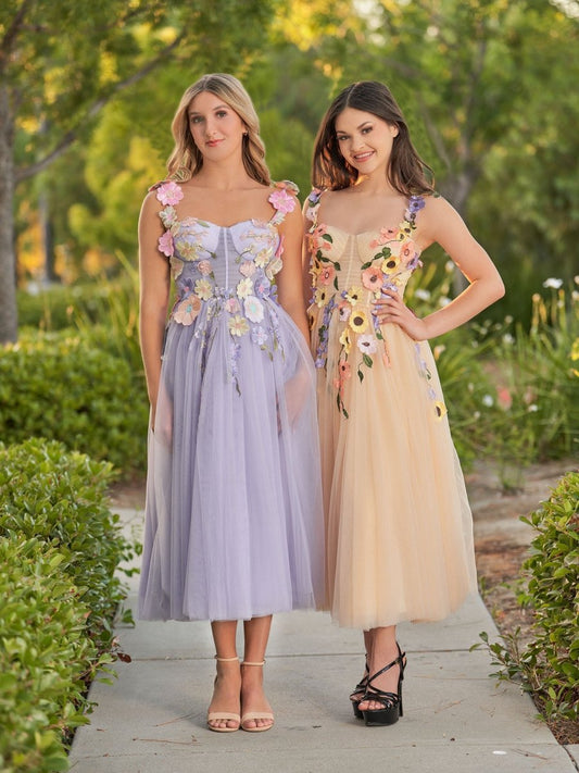 3D Flower Tulle Ankle Length Prom Dresses