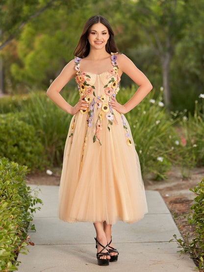 3D Flower Tulle Ankle Length Prom Dresses