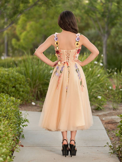 3D Flower Tulle Ankle Length Prom Dresses