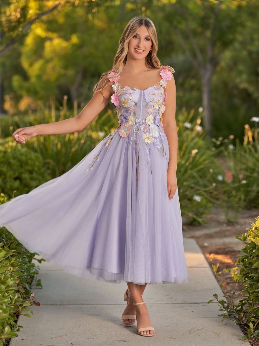 3D Flower Tulle Ankle Length Prom Dresses