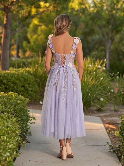 3D Flower Tulle Ankle Length Prom Dresses