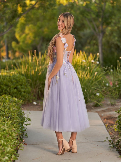 3D Flower Tulle Ankle Length Prom Dresses