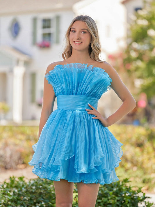 A-line Strapless Pleated Short Tie Homecoming Dresses