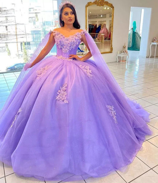 Ball-Gown Tulle Quinceanera Dresses 3D Flowers with Cape