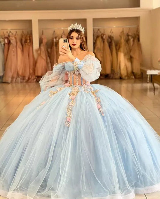 Quinceanera Dresses with 3D Flowers and Half Sleeve